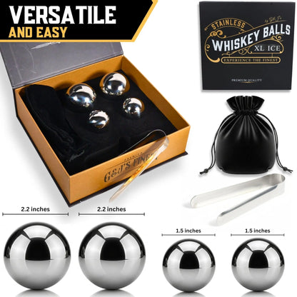 Set of four whiskey balls with pouch and tongs from G & J's Finest, arranged on a wooden surface for serving and presentation.