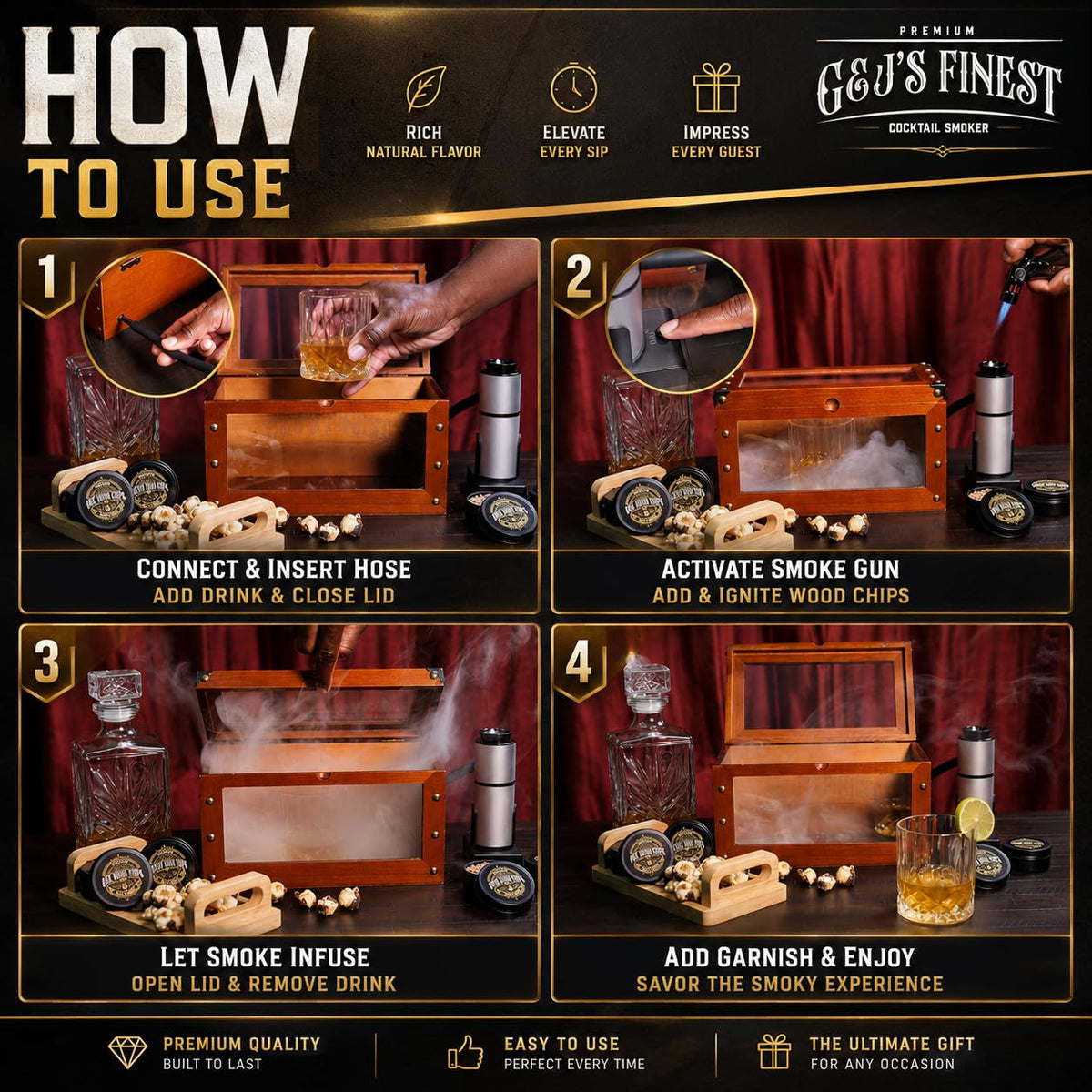 Whiskey Smoker Box with Smoke Gun, Torch, 6 Wood Chips (With Butane) - G & J's Finest