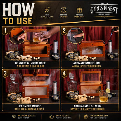 Whiskey Smoker Box with Smoke Gun, Torch, 6 Wood Chips (With Butane) - G & J's Finest