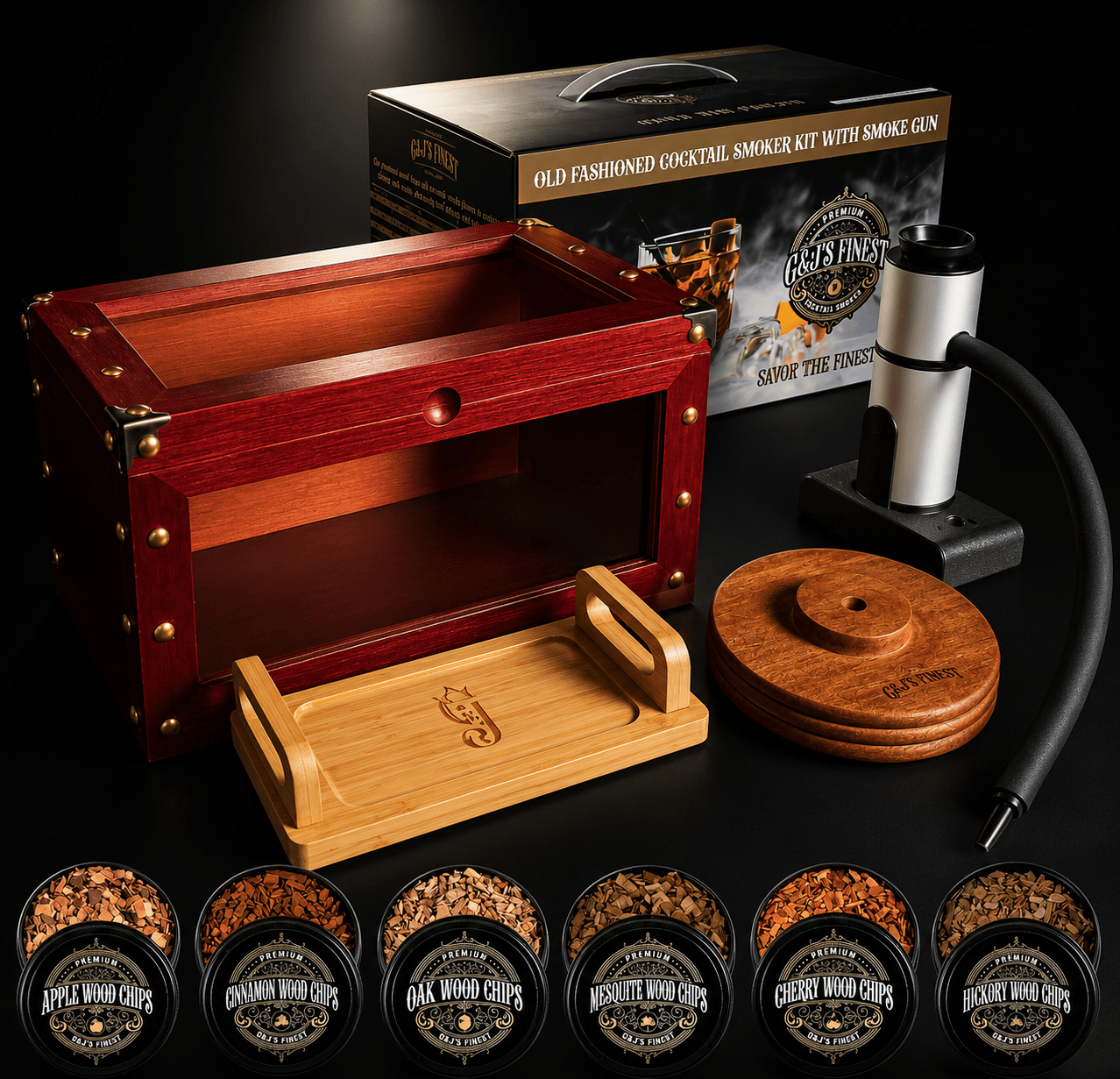 Whiskey Smoker Box with Smoke Gun, Torch, 6 Wood Chips (With Butane) - G & J's Finest