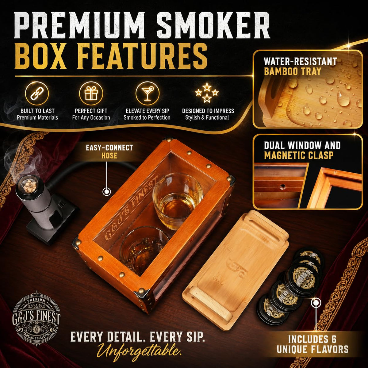 Whiskey Smoker Box with Smoke Gun, Torch, 6 Wood Chips (With Butane) - G & J's Finest