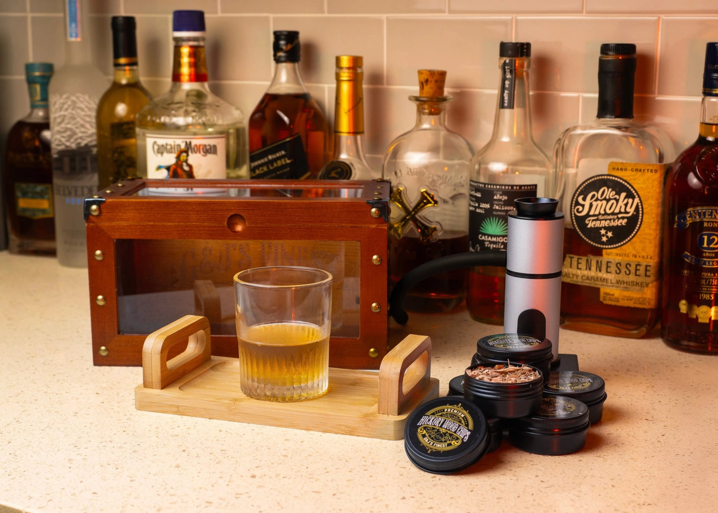 Whiskey Smoker Box with Smoke Gun, Torch, 6 Wood Chips (With Butane) - G & J's Finest
