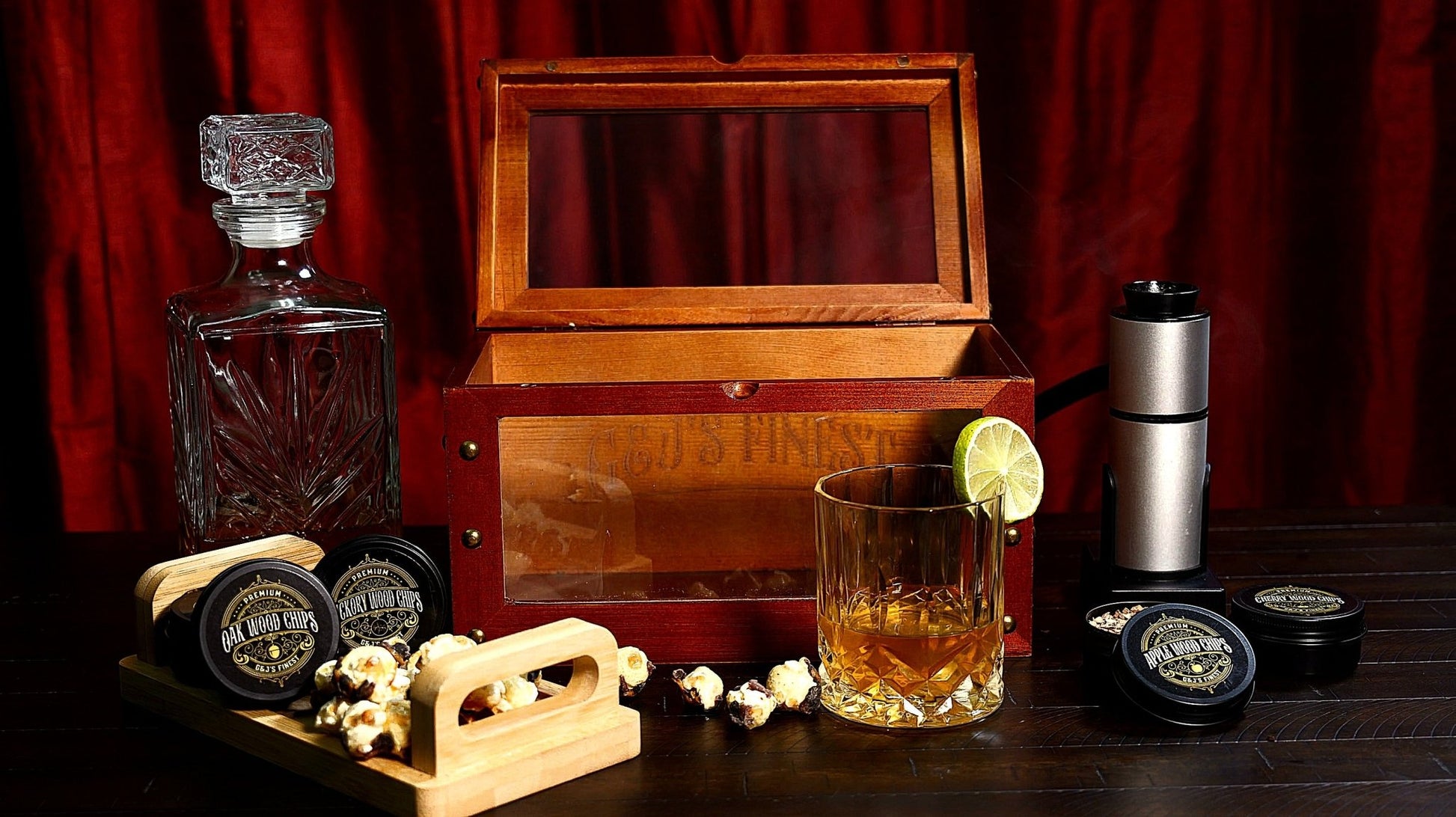 Whiskey Smoker Box with Smoke Gun, Torch, 6 Wood Chips (With Butane) - G & J's Finest