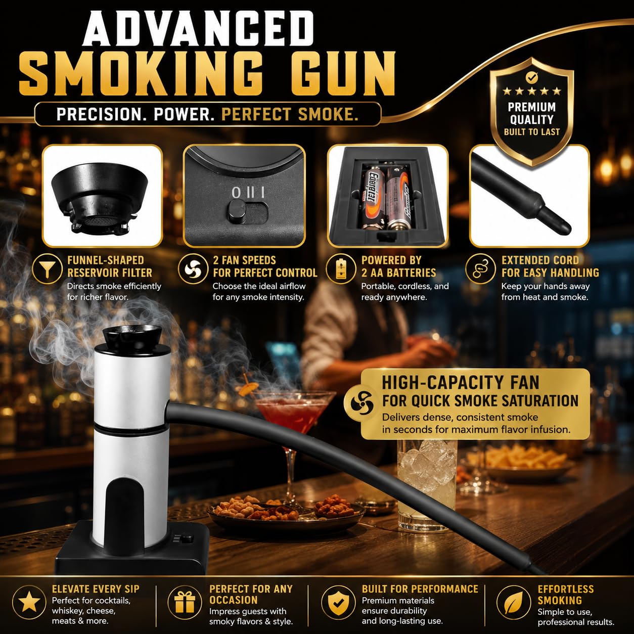 Whiskey Smoker Box with Smoke Gun, Torch, 6 Wood Chips (With