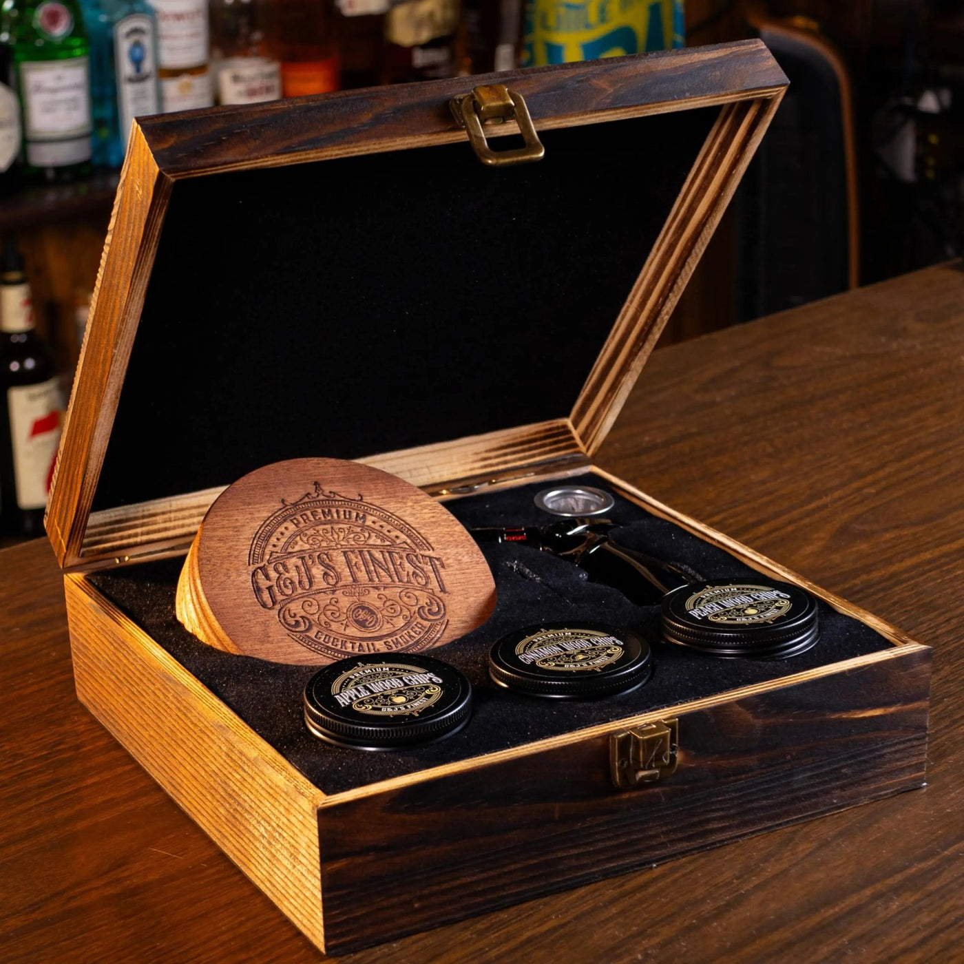 G&J's Finest whiskey smoker kit in wood gift box