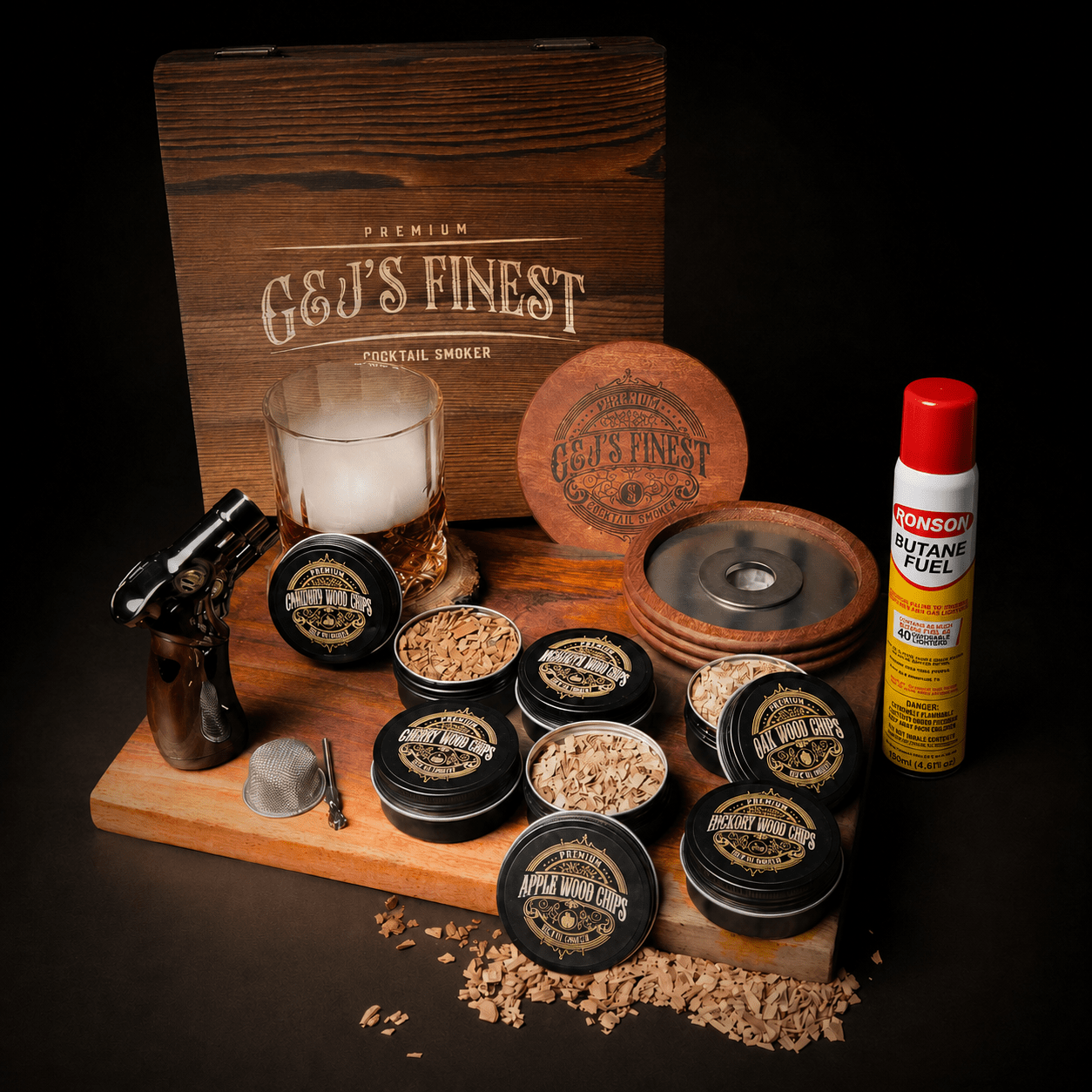 Complete G&J's Finest whiskey smoker kit with quad torch and butane