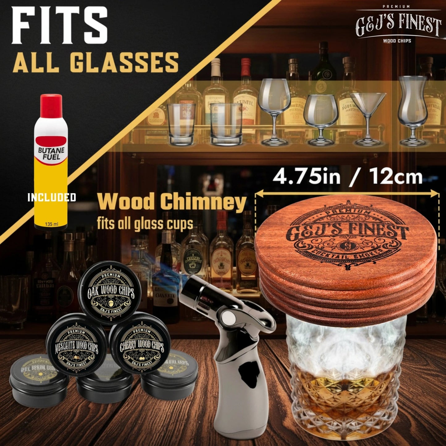 Whiskey Smoker Kit with Quad Torch, 6 Wood Chips & Wood Box & Butane - G & J's Finest