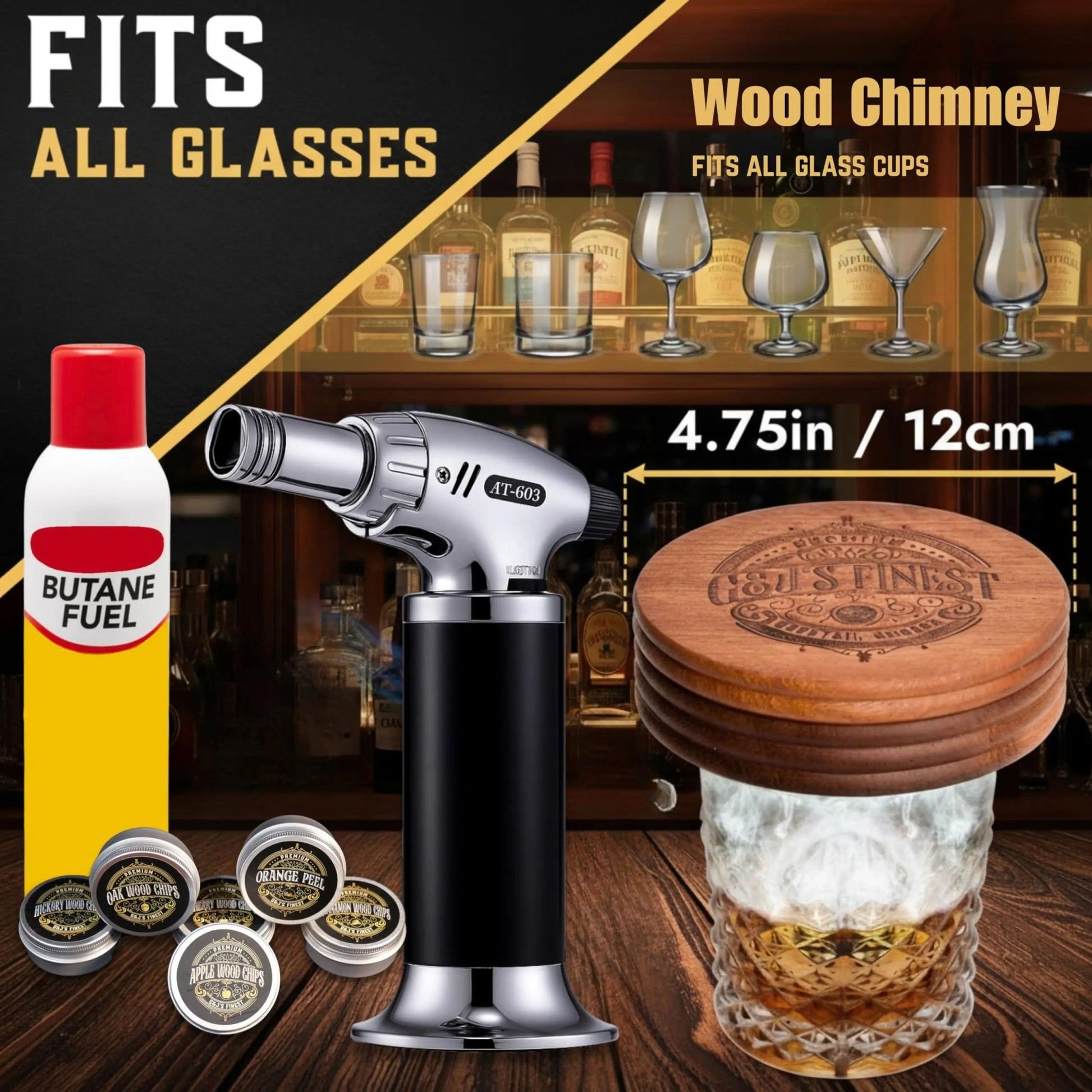 Whiskey Smoker Kit with Torch, Glasses & 6 Wood Chips & Butane - G & J's Finest