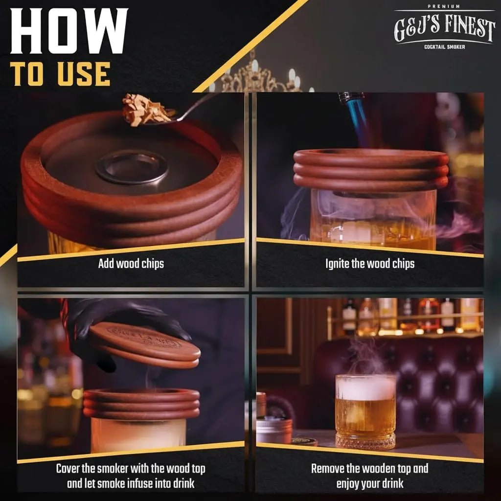 Whiskey Smoker Kit with Torch, Glasses & 6 Wood Chips & Butane - G & J's Finest