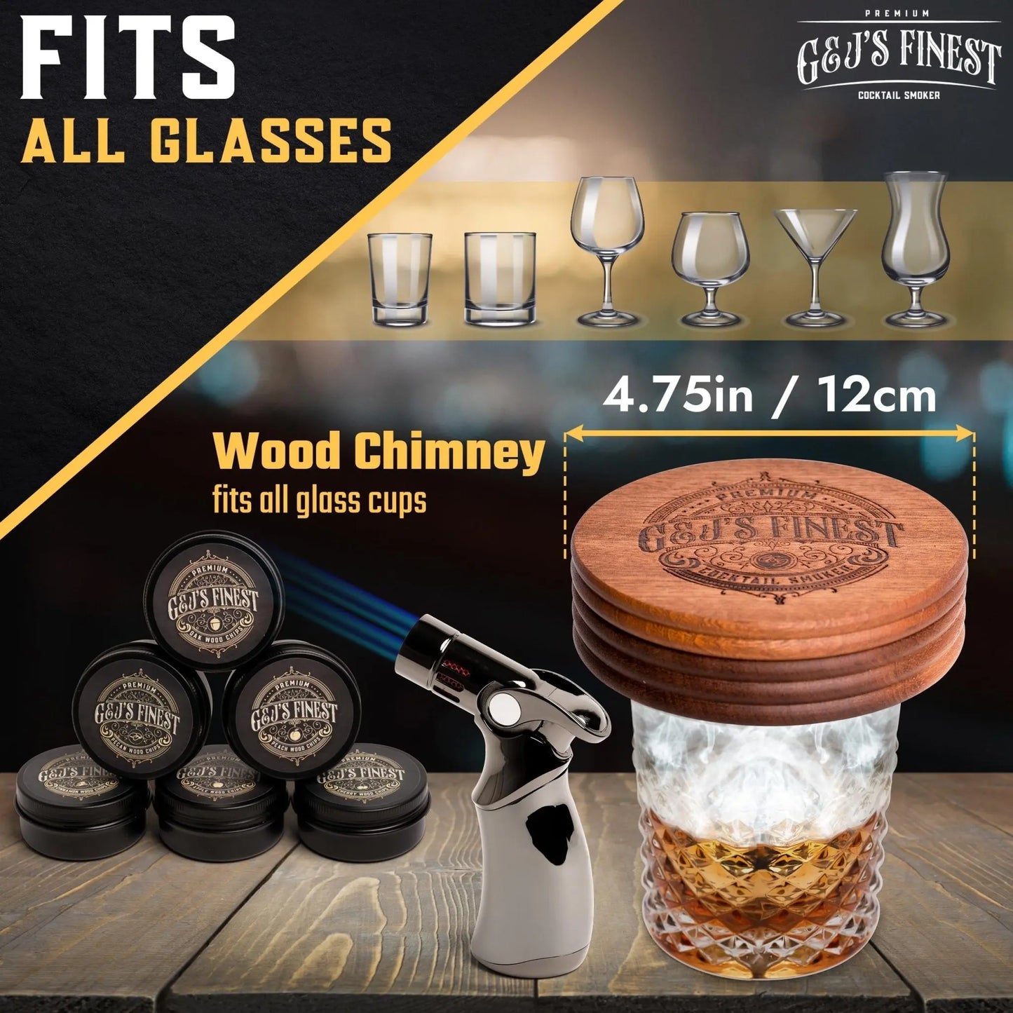 Infographic showing a wooden smoker top on a whiskey glass highlighting universal fit features.
