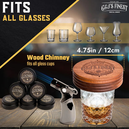 Infographic showing a wooden smoker top on a whiskey glass highlighting universal fit features.