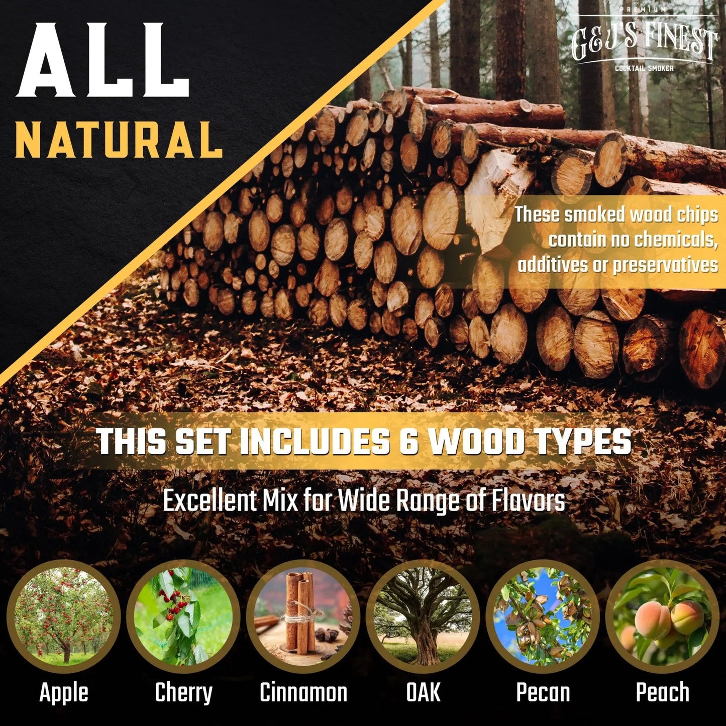 Natural wood chips variety infographic with rustic barrels and icons for apple, cherry, and oak.