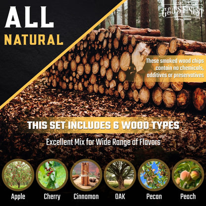 Natural wood chips variety infographic with rustic barrels and icons for apple, cherry, and oak.
