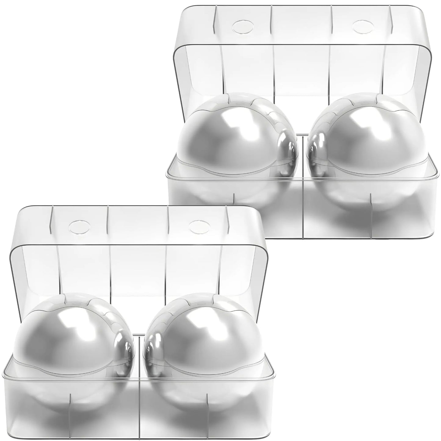 Premium XXL 55mm stainless steel whiskey balls by G & J's Finest, showing polished, spherical metal ice substitutes for whiskey.